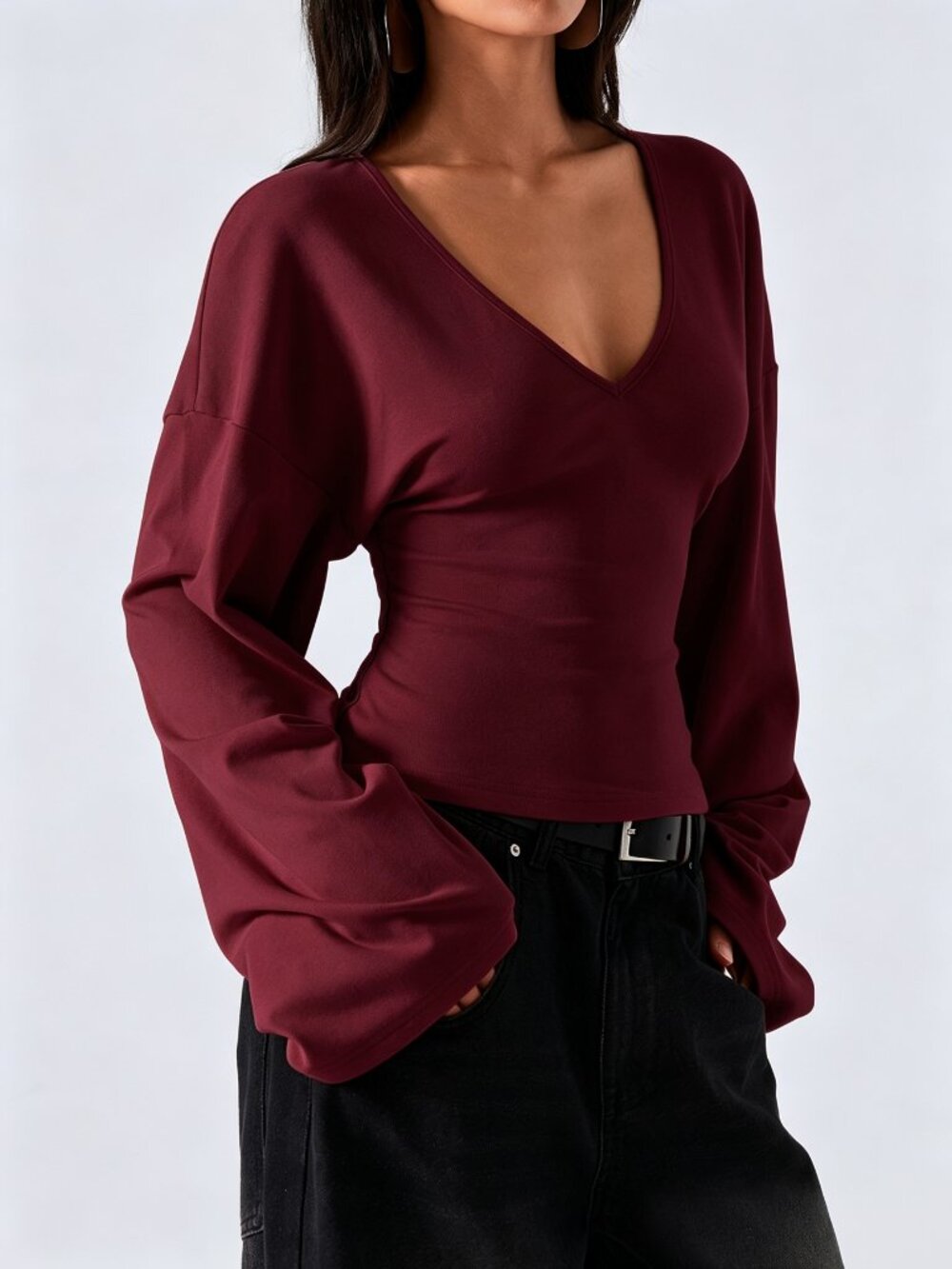 Burgundy Casual Women's V-Neck Drop Shoulder Long Sleeve Slim Fit T-Shirt